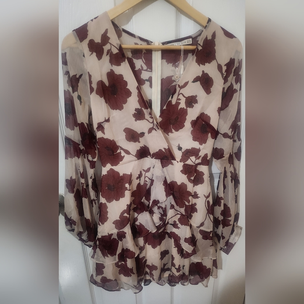Floral Semi Sheer Dress with Burgundy Flowers